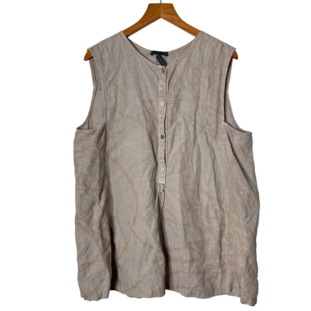 Oska Tan Abstract Print Linen Sleeveless Button Front Top Womens Size 2 US 8